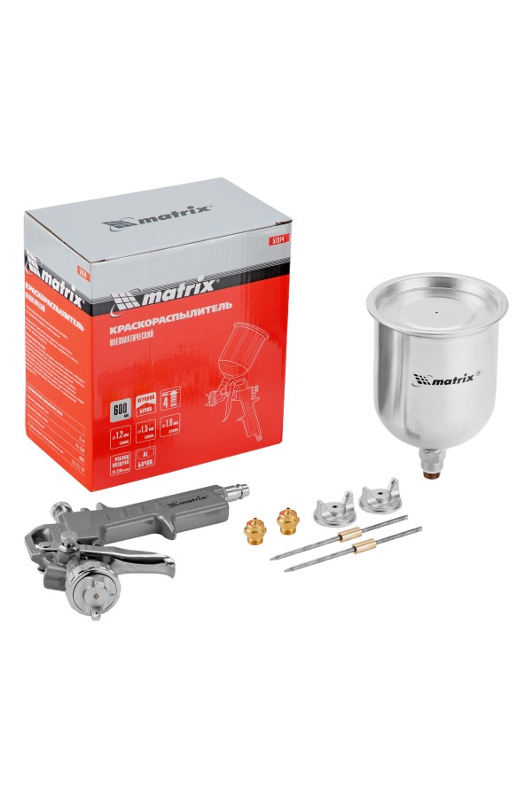 Краскораспылитель пневматический с верхним бачком V 0.6 л, сопло D 1.2, 1.5 и 1.8 мм Matrix