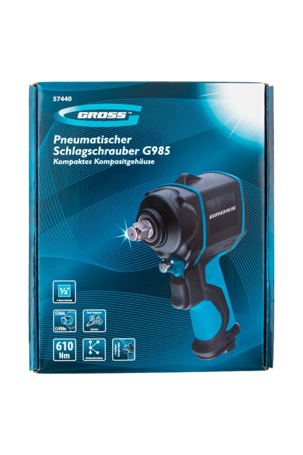 Гайковерт пневматический ударный G985, 1/2, Twin Hammer, 610 Нм, 9000 об/мин, композитный Gross