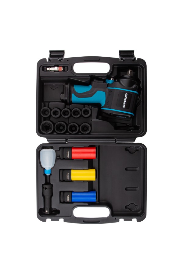 Гайковерт пневматический ударный G985K2, 1/2, 610Нм 9000 об/мин, с набором 17 предметов Gross