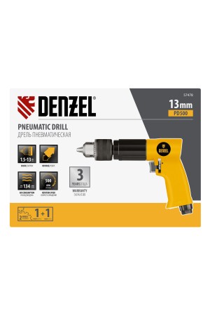 Пневматическая дрель PD500, 500 об/мин, 114 л/мин, 13 мм Denzel