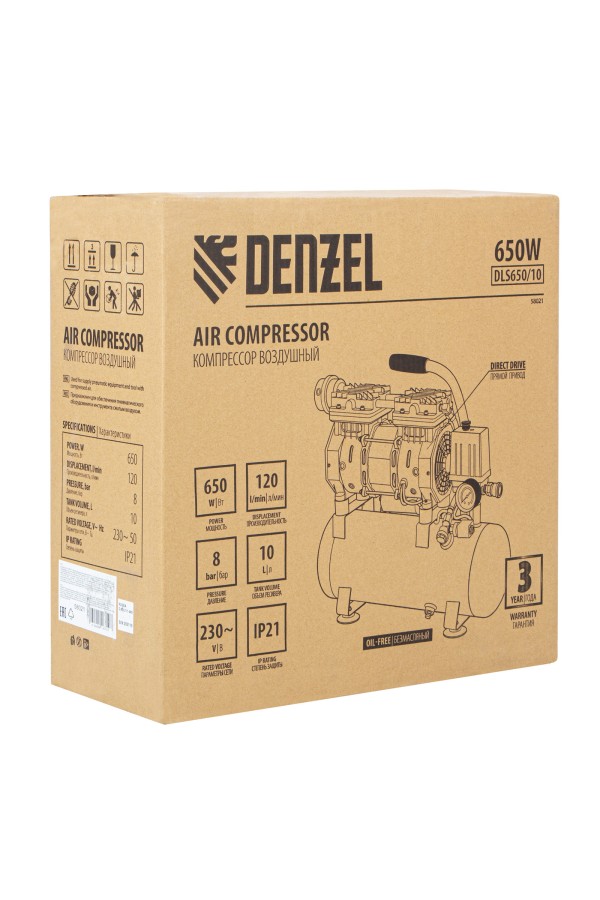 Компрессор DLS650/10 безмаслянный малошумный 650 Вт, 120 л/мин, ресивер 10 л Denzel