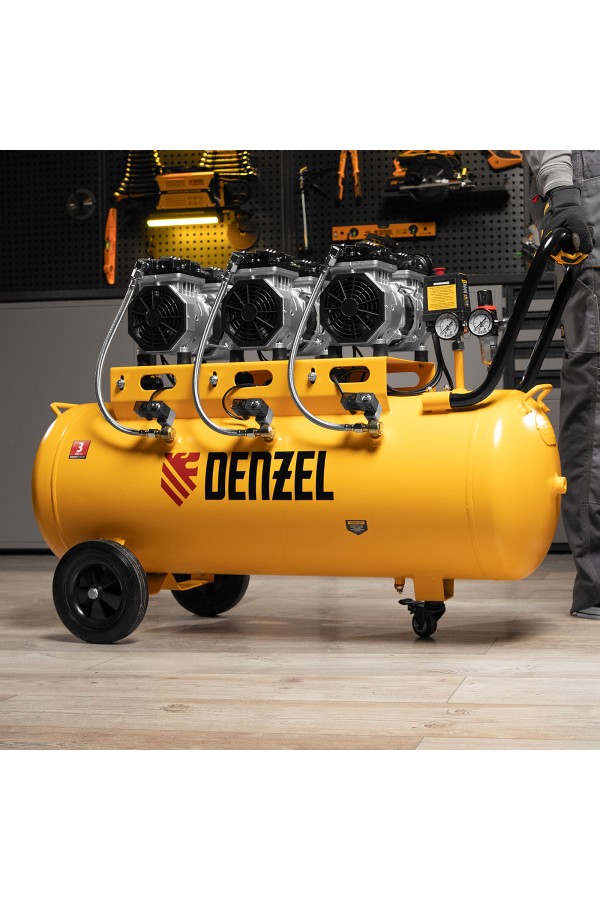 Компрессор безмасляный, малошумный DLS 1800/100,1800 Вт, 3x600, 100 л, 345 л/мин Denzel