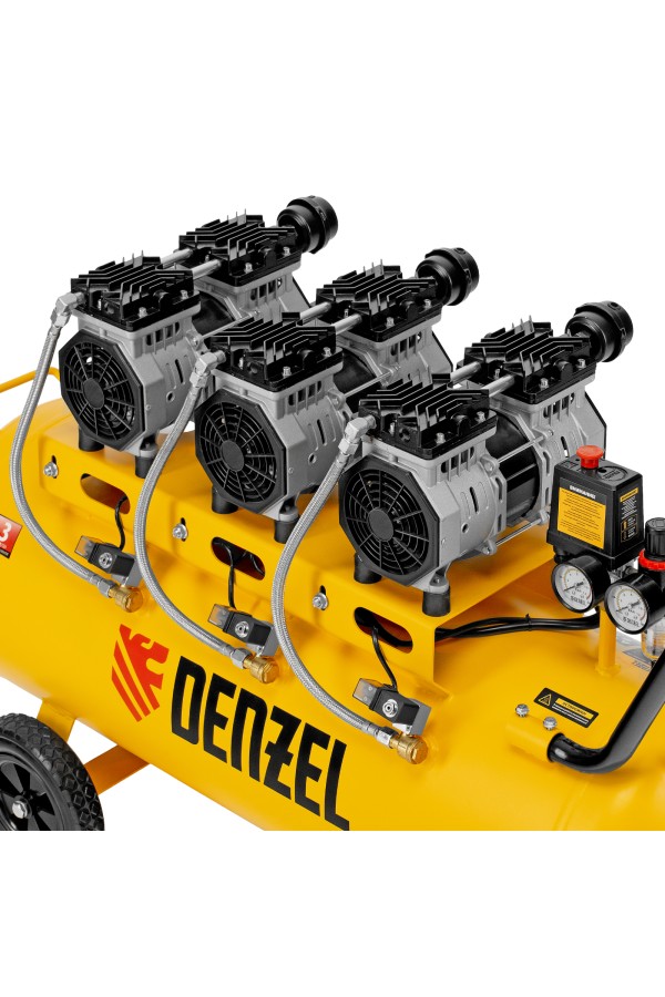 Компрессор безмасляный, малошумный DLS 1800/100,1800 Вт, 3x600, 100 л, 345 л/мин Denzel