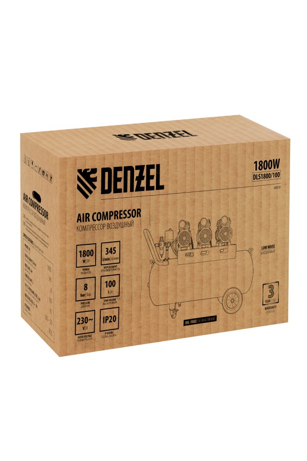 Компрессор безмасляный, малошумный DLS 1800/100,1800 Вт, 3x600, 100 л, 345 л/мин Denzel