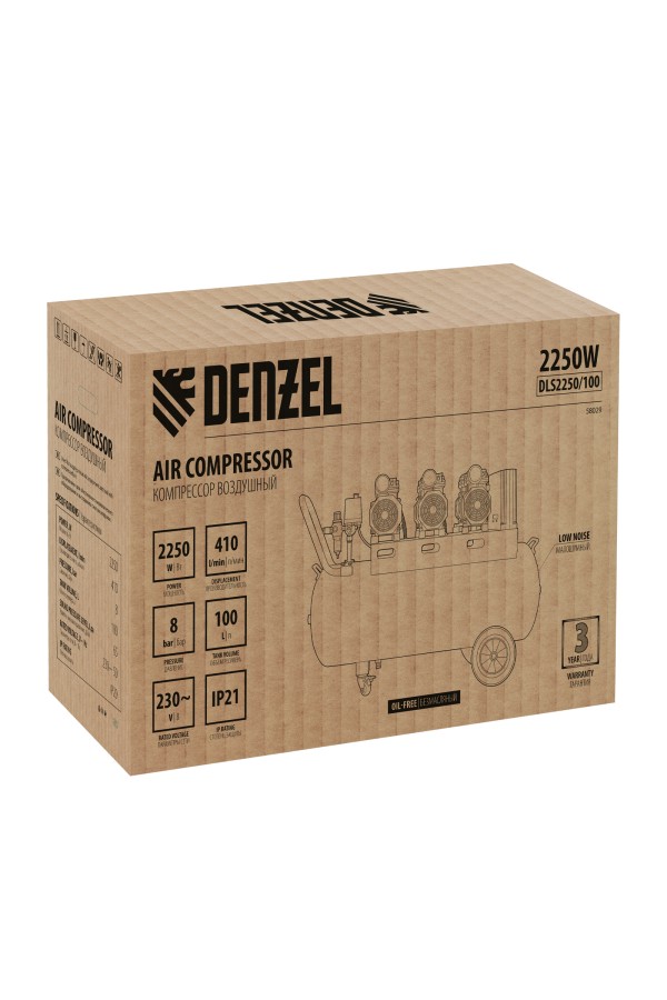Компрессор безмасляный, малошумный  DLS 2250/100, 2250 Вт, 3x750, 100 л, 410 л/мин блок управления/ Denzel