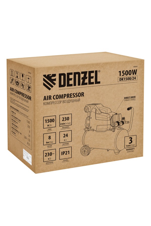Компрессор воздушный DK1500/24, Х-PRO 1.5 кВт, 230 л/мин, 24 л Denzel