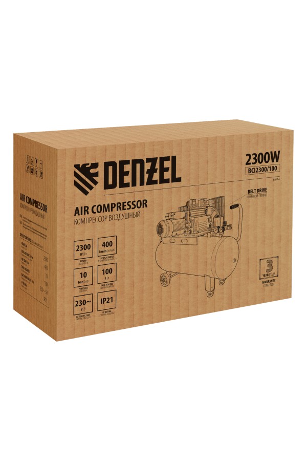 Компрессор воздушный BCI2300/100, ременный привод, 2.3 кВт, 100 литров, 400 л/мин Denzel