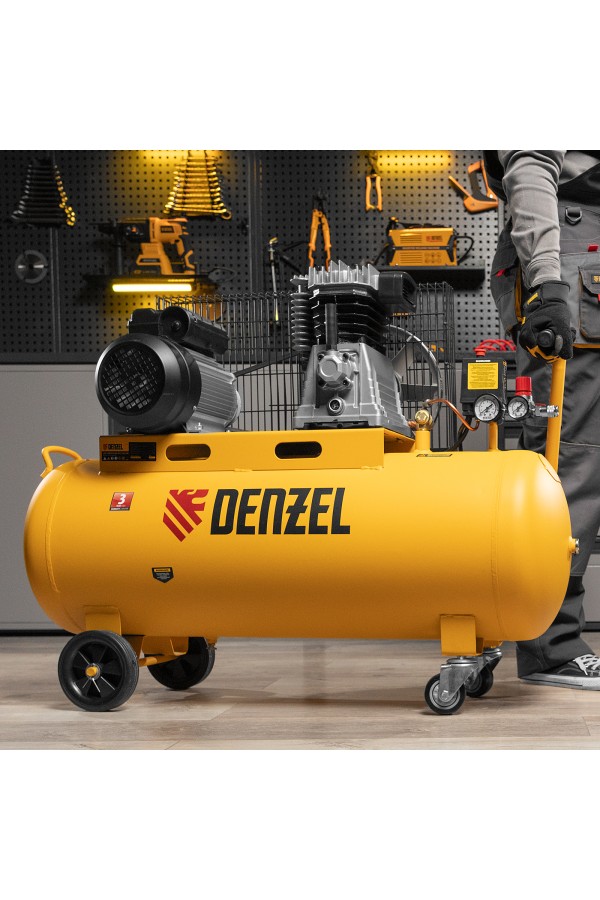 Компрессор воздушный BCI2300/100, ременный привод, 2.3 кВт, 100 литров, 400 л/мин Denzel