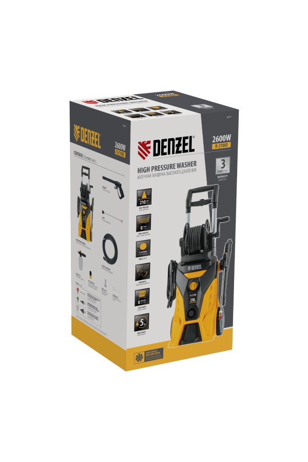 Моечная машина высокого давления R-210iD, 2600 Вт, 210 бар, 8.0 л/мин, асинхронный двигатель, барабан Denzel