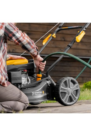 Газонокосилка бензиновая GLD-460SP, 146 куб.см, ширина 46 см, привод 7 уровней, травосборник 50 л Denzel