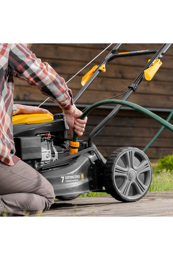 Газонокосилка бензиновая GLD-460SP, 146 куб.см, ширина 46 см, привод 7 уровней, травосборник 50 л Denzel