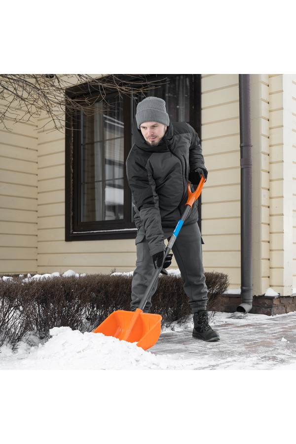 Лопата для уборки снега пластиковая, 400х405х1380 мм, стальной черенок, усиленная Сибртех