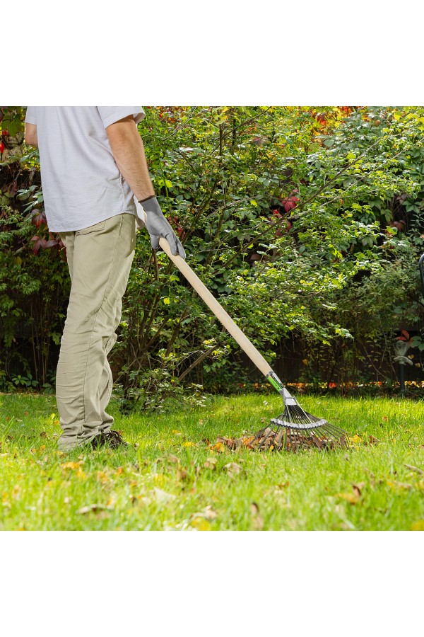 Грабли веерные стальные, 385 х 1450 мм, 20 плоских зубьев, деревянный черенок, Сибртех