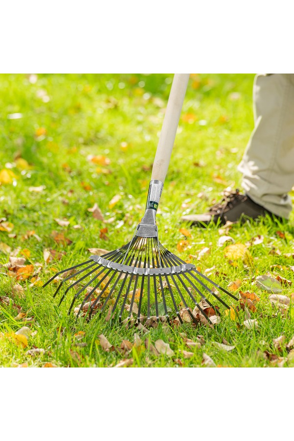 Грабли веерные стальные, 385 х 1450 мм, 20 плоских зубьев, деревянный черенок, Сибртех