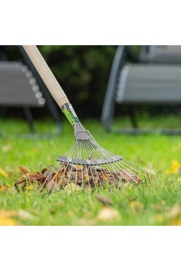 Грабли веерные стальные, 350 х 1450 мм, 18 круглых зубьев, деревянный черенок, Сибртех