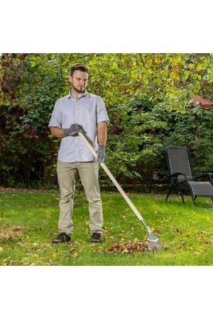 Грабли веерные стальные, 350 х 1450 мм, 18 круглых зубьев, деревянный черенок, Россия, Сибртех