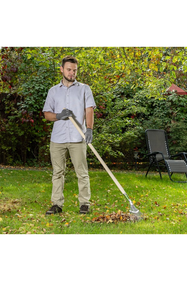 Грабли веерные стальные, 350 х 1450 мм, 18 круглых зубьев, деревянный черенок, Сибртех