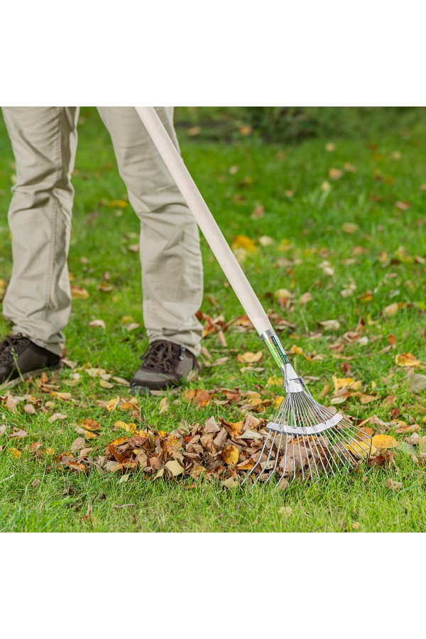 Грабли веерные стальные, 350 х 1450 мм, 18 круглых зубьев, деревянный черенок, Сибртех