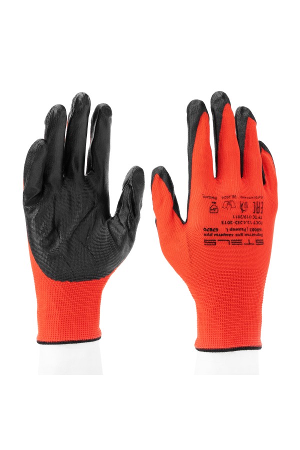 Перчатки полиэфирные с черным нитрильным покрытием маслобензостойкие, L, 15 класс вязки Stels