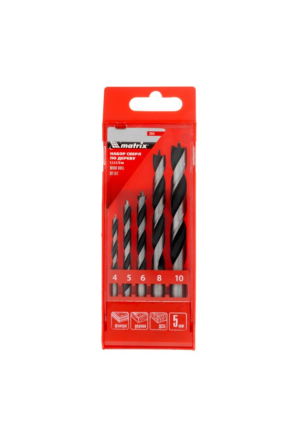 Набор сверл по дереву, 4-5-6-8-10 мм, 5 шт, цилиндрический хвостовиковик, пластиковый кейс, Matrix