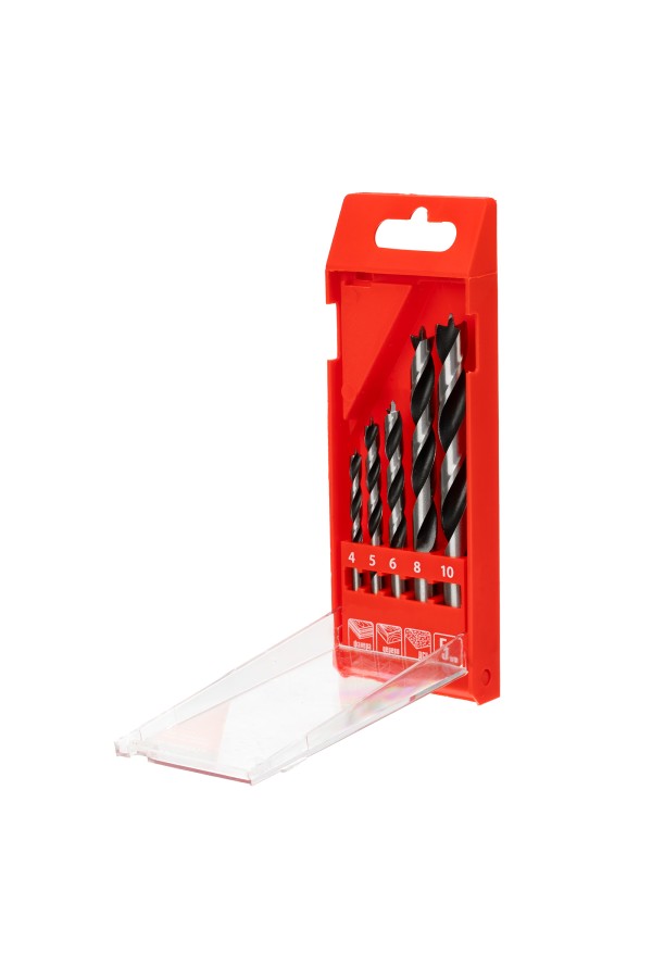 Набор сверл по дереву, 4-5-6-8-10 мм, 5 шт, цилиндрический хвостовиковик, пластиковый кейс, Matrix