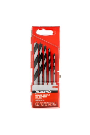 Набор сверл по дереву, 4-5-6-8-10 мм, 5 шт, шестигранный хвостовик, пластиковый кейс, Matrix