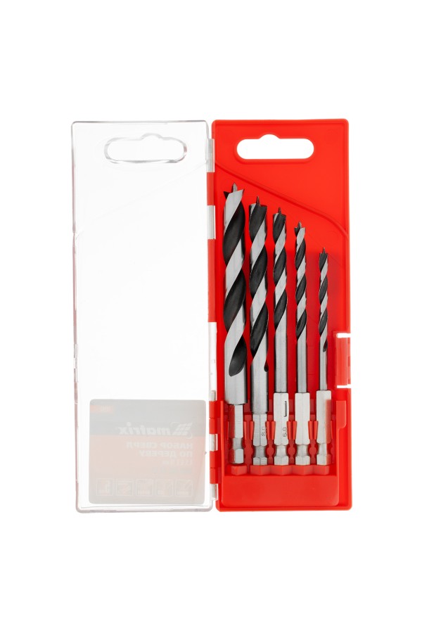 Набор сверл по дереву, 4-5-6-8-10 мм, 5 шт, шестигранный хвостовик, пластиковый кейс, Matrix