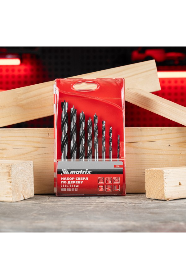 Набор сверл по дереву, 3-4-5-6-7-8-9-10 мм, 8 шт, шестигранный хвостовик, пластиковый кейс, Matrix