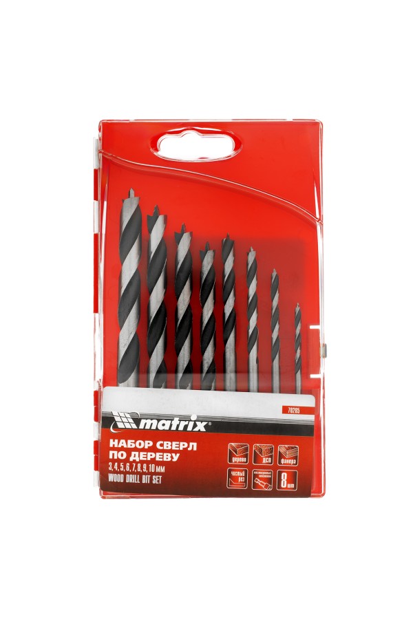Набор сверл по дереву, 3-4-5-6-7-8-9-10 мм, 8 шт, шестигранный хвостовик, пластиковый кейс, Matrix
