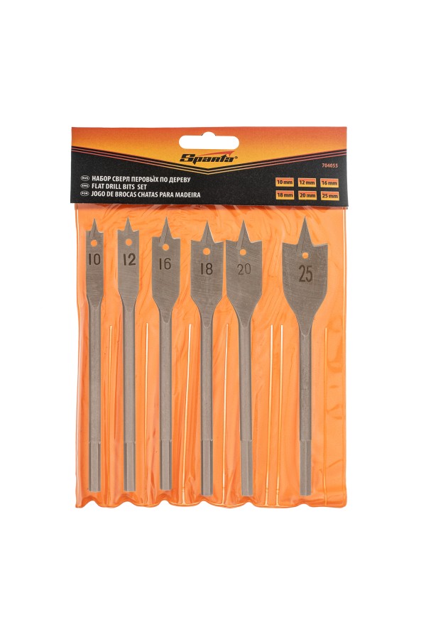 Набор сверл перовых по дереву, 10-12-16-18-20-25 мм, 6 шт, шестигранный хвостовик Sparta