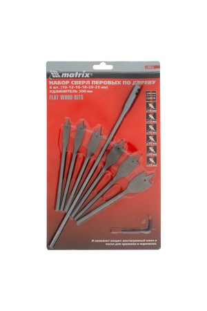 Набор сверл перовых по дереву, 10-12-16-18-20-25 мм, 6 шт, удлинитель 300 мм Matrix