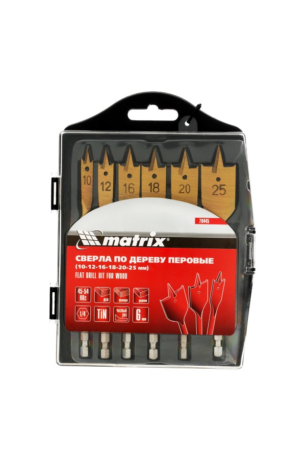 Набор сверл перовых по дереву, 10-12-16-18-20-25 мм, 6 шт, пластиковый кейс, Matrix