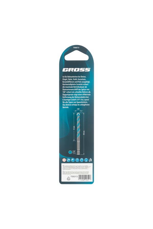 Сверло универсальное, Multipurpose PRO, 6-гр. хвостовик, 8мм Gross