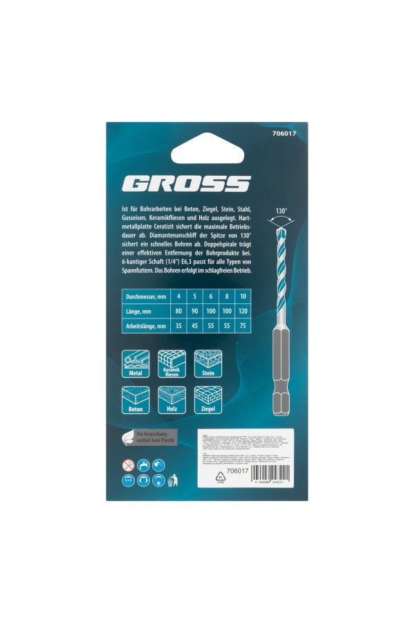 Набор сверл универсальных, Multipurpose PRO, 6-гр. хвостовик, 4-10мм, 5шт Gross