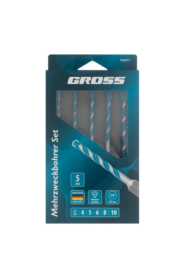 Набор сверл универсальных, Multipurpose PRO, 6-гр. хвостовик, 4-10мм, 5шт Gross