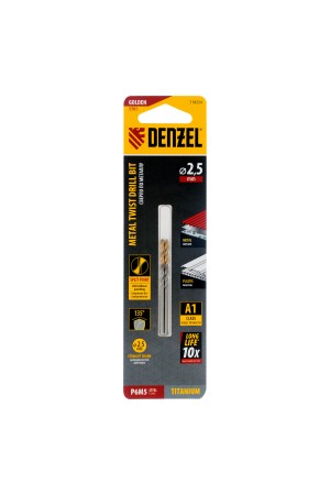 Сверло спиральное по металлу 2,5 x 57 мм, Р6М5, Golden Tip , 2шт. Denzel