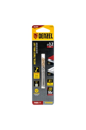 Сверло спиральное по металлу 3,2 x 65 мм, Р6М5, Golden Tip , 2шт. Denzel
