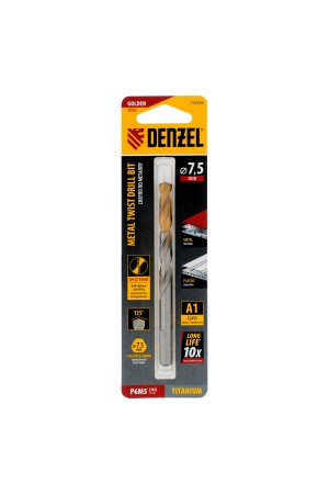Сверло спиральное по металлу 7,5 x 109 мм, Р6М5, Golden Tip  Denzel