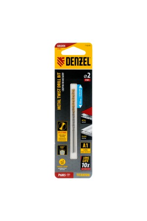 Сверло спиральное по металлу 2 х 86 мм Р6М5, Golden Tip, удлиненное, 2шт. Denzel