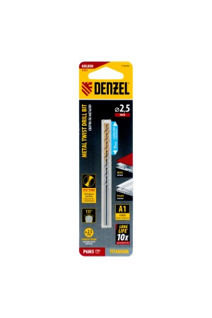Сверло спиральное по металлу 2,5 х 95 мм Р6М5, Golden Tip, удлиненное, 2шт. Denzel