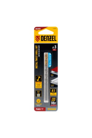 Сверло спиральное по металлу 3 х 100 мм, Р6М5, Golden Tip, удлиненное, 2шт. Denzel