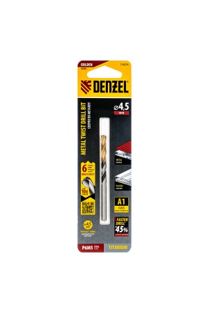 Сверло спиральное по металлу 4,5 x 80мм, Р6М5, Golden Tip, многогранная заточка Denzel