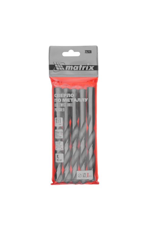Сверло по металлу, 13 мм, полированное, HSS, 5 шт, цилиндрический хвостовик Matrix