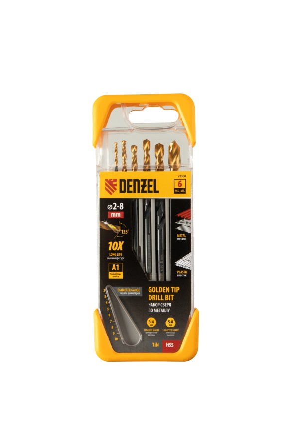 Набор сверл по металлу, 2-3-4-5-6-8 мм, HSS-Tin, Golden Tip, 6 шт Denzel