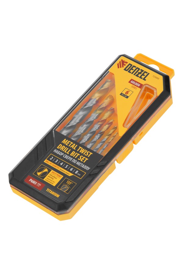Набор сверл по металлу, 2-8мм, Р6М5-TiN, Golden Tip, 6 шт Denzel