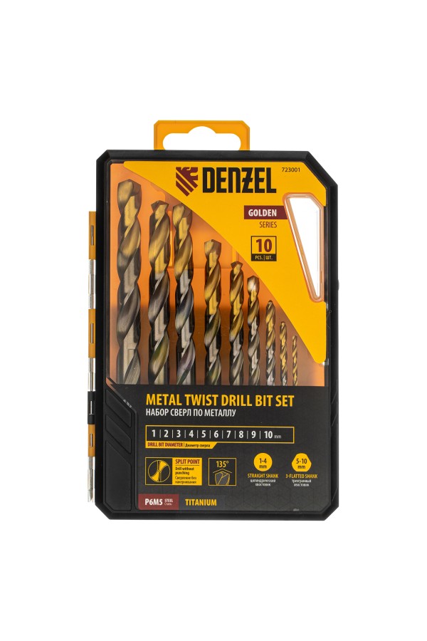 Набор сверл по металлу, 1-10 мм, Р6М5-TiN, Golden Tip, 10 шт Denzel