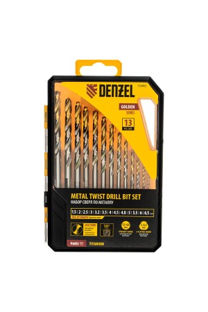 Набор сверл по металлу, 1,5-6,5мм, Р6М5-TiN, Golden Tip, 13 шт Denzel