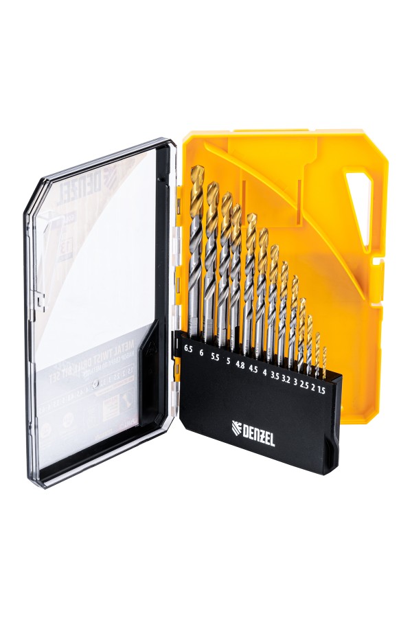 Набор сверл по металлу, 1,5-6,5мм, Р6М5-TiN, Golden Tip, 13 шт Denzel