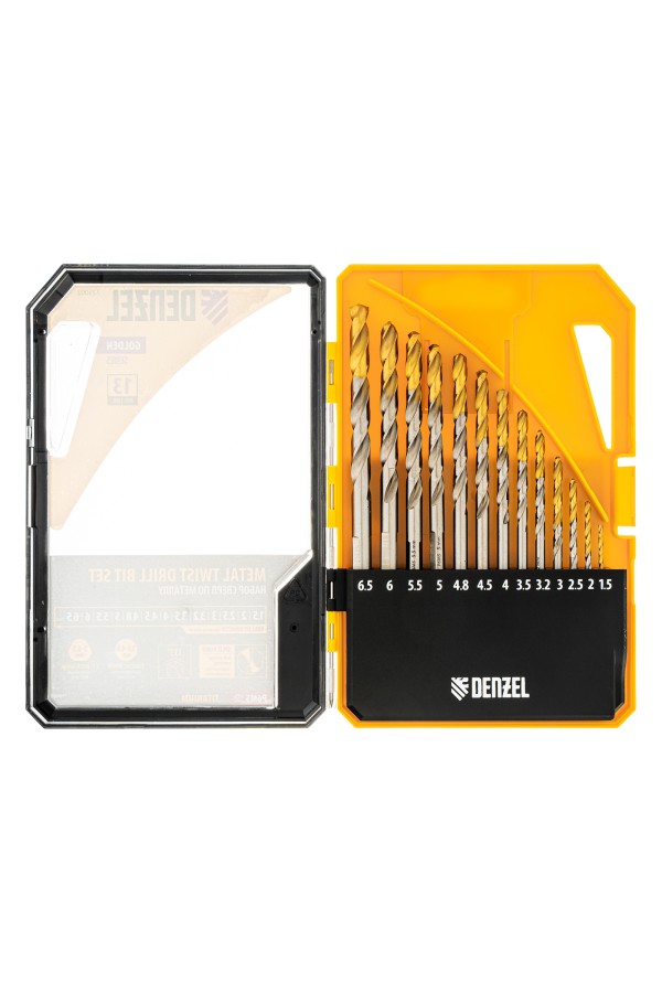 Набор сверл по металлу, 1,5-6,5мм, Р6М5-TiN, Golden Tip, 13 шт Denzel