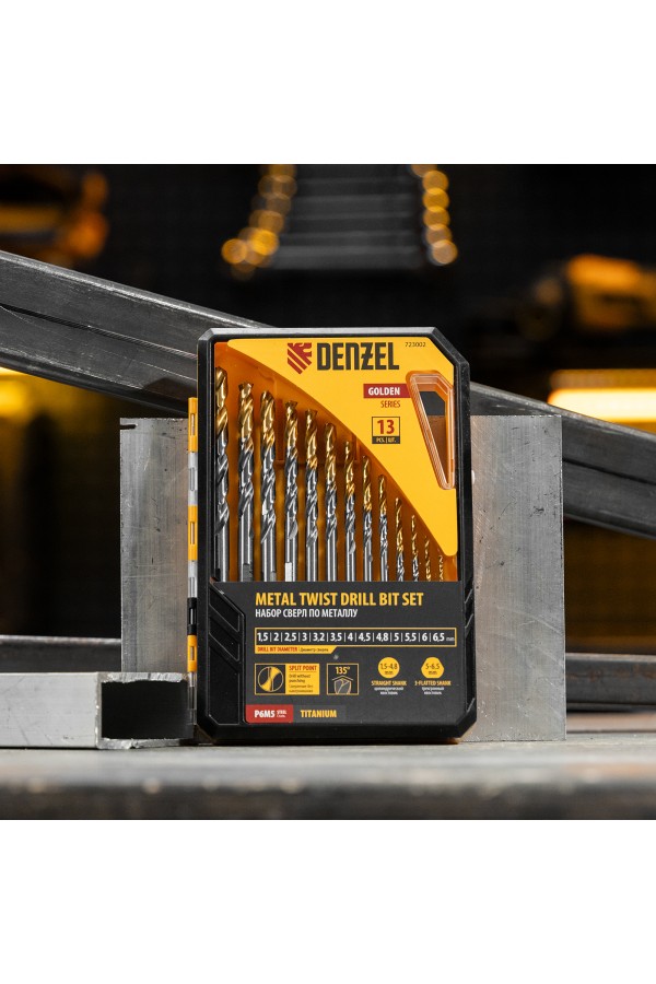 Набор сверл по металлу, 1,5-6,5мм, Р6М5-TiN, Golden Tip, 13 шт Denzel